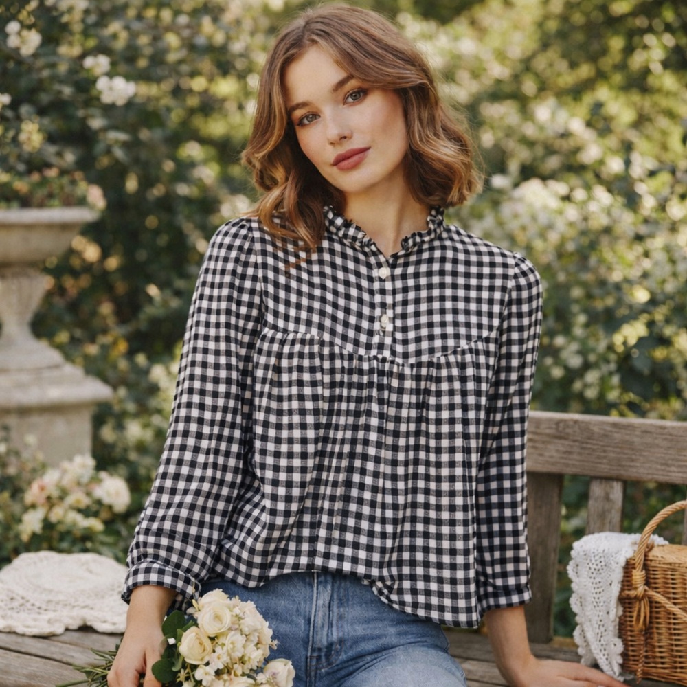 GAP Black & White Gingham Ruffle Neck Peasant Blouse XS Cottagecore